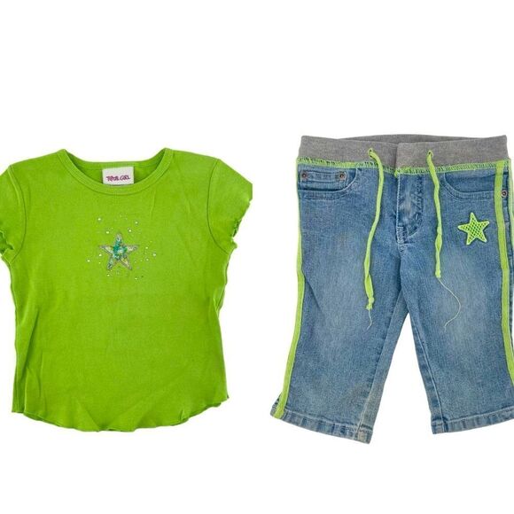 Y2K Girls 2-Piece Outfit – Green Embellished Tee & Denim Striped Capris, Size 4 - Picture 1 of 16